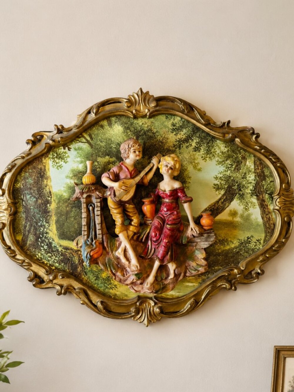 Romantic Couple Wall Art Vintage 3D Relief  Ornate Gold Rococo Frame